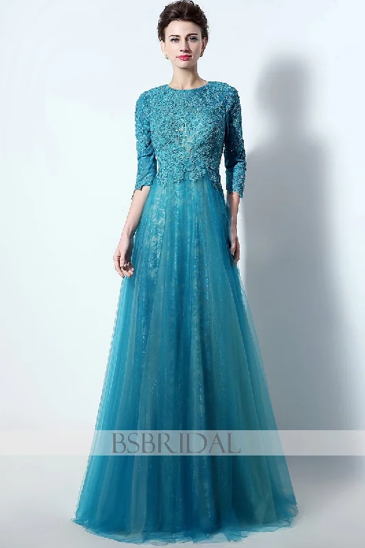 YEAR-End Clearance modest middle-sleeves blue lace long prom dress, LX016