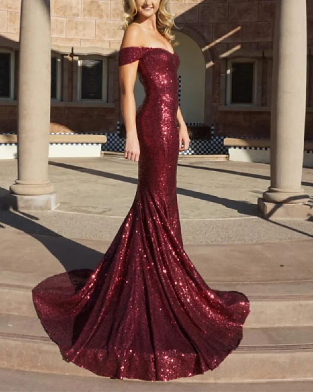 Price Rollback Bling Bling Sequins Burgundy Red Off the Shoulder Fitted Evening Dresses Long Prom Gown Price Rollback Bling Bling Sequins Burgundy Red Off the Shoulder Fitted Evening Dresses Long Prom Gown