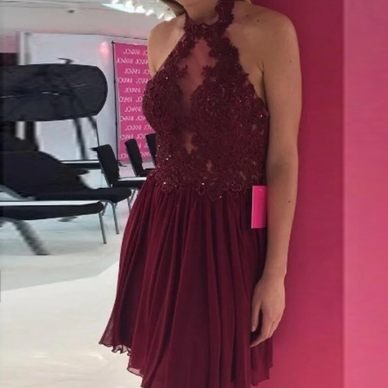 Final Markdown Halter High Neck Dark Red Short Homecoming Dress Girls Graduation Short Prom Gown Final Markdown Halter High Neck Dark Red Short Homecoming Dress Girls Graduation Short Prom Gown
