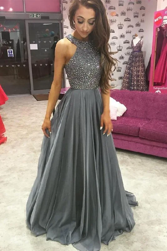 One-DAY Sale gray beaded long formal prom dress, PD1544
