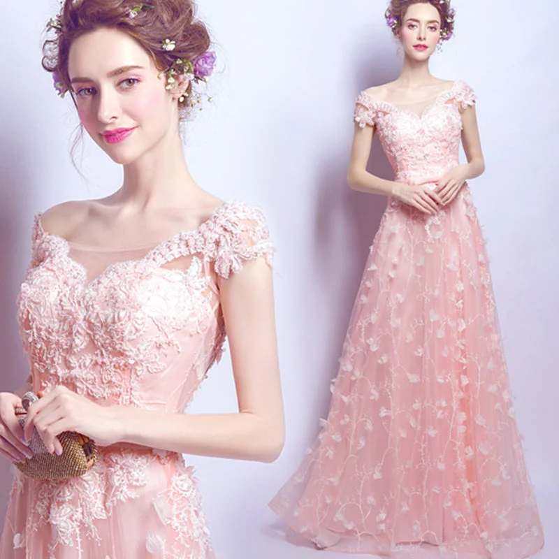 Referral Discount Gorgeous Coral Pink Short Sleeves Girl Prom Dresses Long with Lace Flowers 2020 Evening Party Gown LP6610