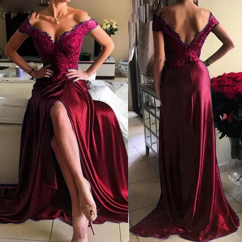 Buy Now Off Shoulder Red Wine Lace Prom Dresses Long Sexy Slit Women Formal Gown vestido de gala Buy Now Off Shoulder Red Wine Lace Prom Dresses Long Sexy Slit Women Formal Gown vestido de gala