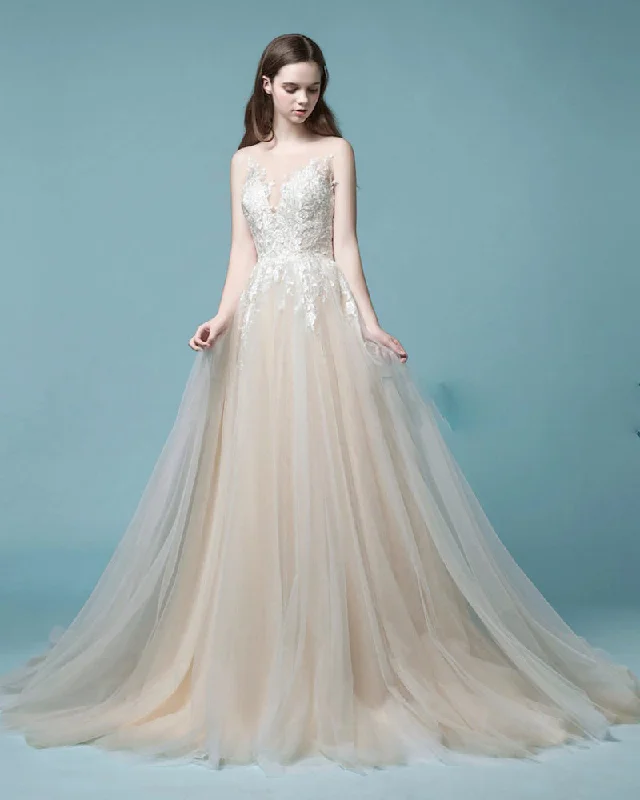 Savings Galore Champagne Beach Summer Wedding Gown Lace Bridal Dresses WD047