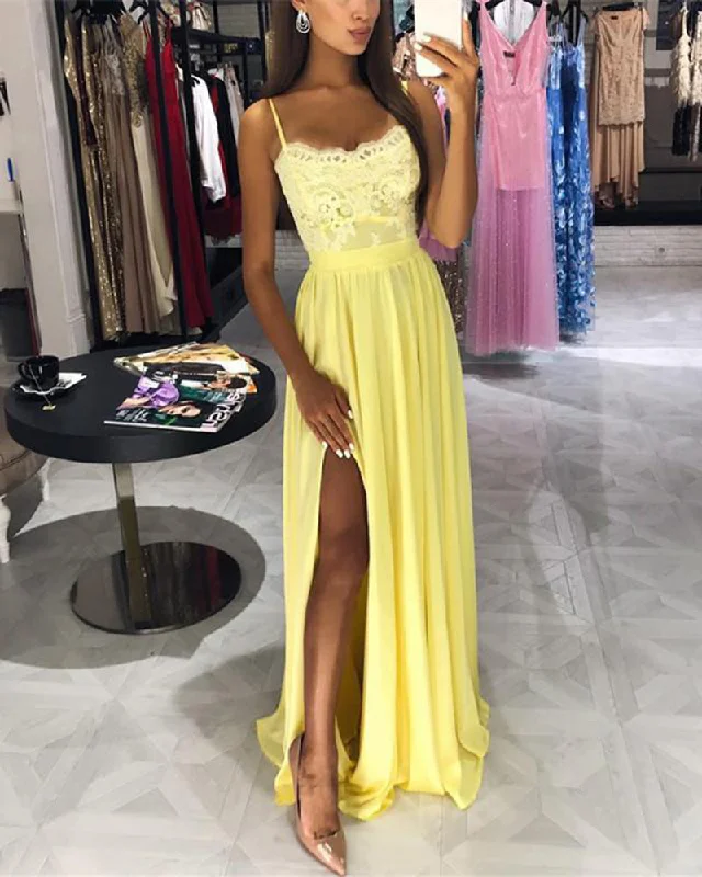 Seasonal Sale Yellow Prom Dress Long 2019 Spaghetti Straps Sexy Slit Girls Evening Party Formal Gown Seasonal Sale Yellow Prom Dress Long 2019 Spaghetti Straps Sexy Slit Girls Evening Party Formal Gown