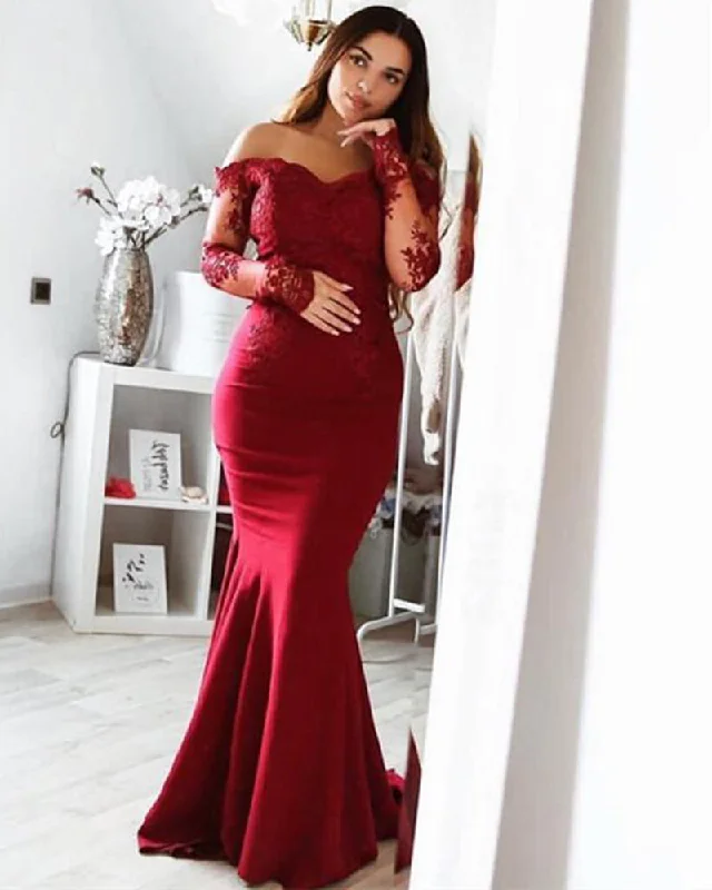 Fantastic Deals Wine Red /Black Long Sleeves Prom Dress Women Formal Party Gown for Evening