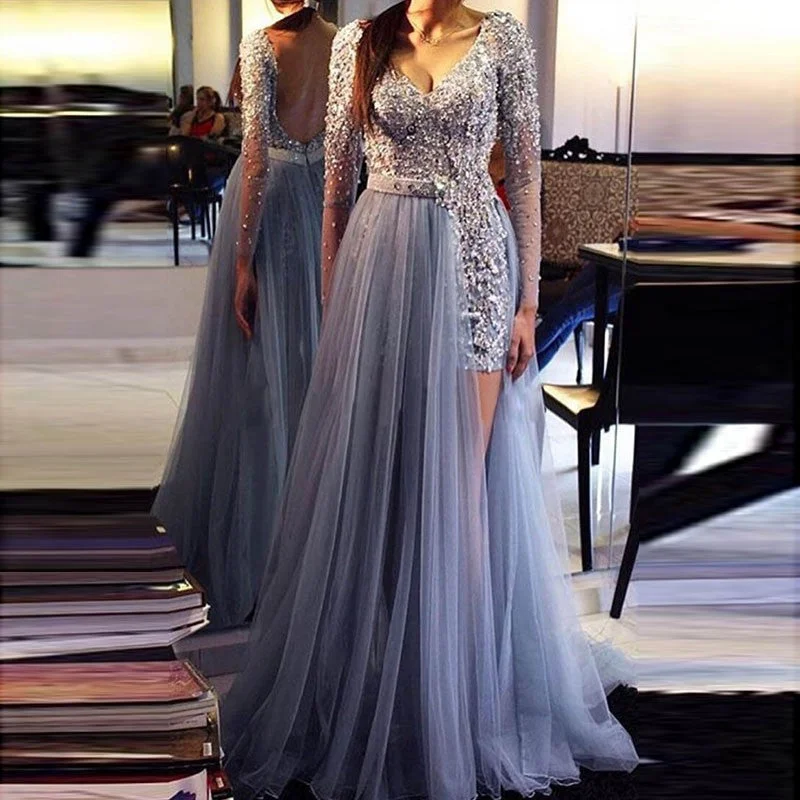 Special Discount Long Sleeves Sequins Beading Sexy Long Evening Gown Light Blue Women Formal Dress Special Discount Long Sleeves Sequins Beading Sexy Long Evening Gown Light Blue Women Formal Dress