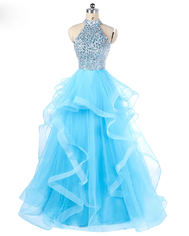 Today’s Deal Aqua Blue Halter High Neck Princess Prom Dress Ball Gown Girls Sweet 15 anos de vestido