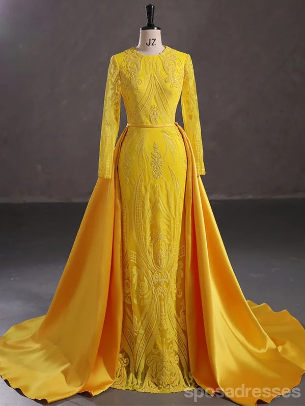 Act Fast Modest Yellow Mermaid Long Sleeves Jewel Prom Dresses Online,13060