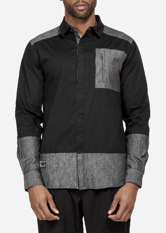 Discount Mania Men's Zip Pocket Button Up in Black