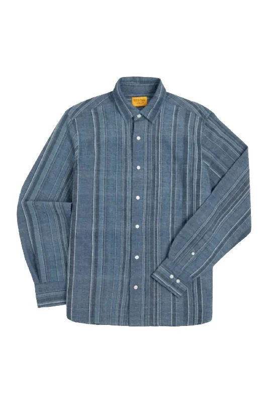 Men's Straight Collar Long Sleeve Shirt In Blue Stripe