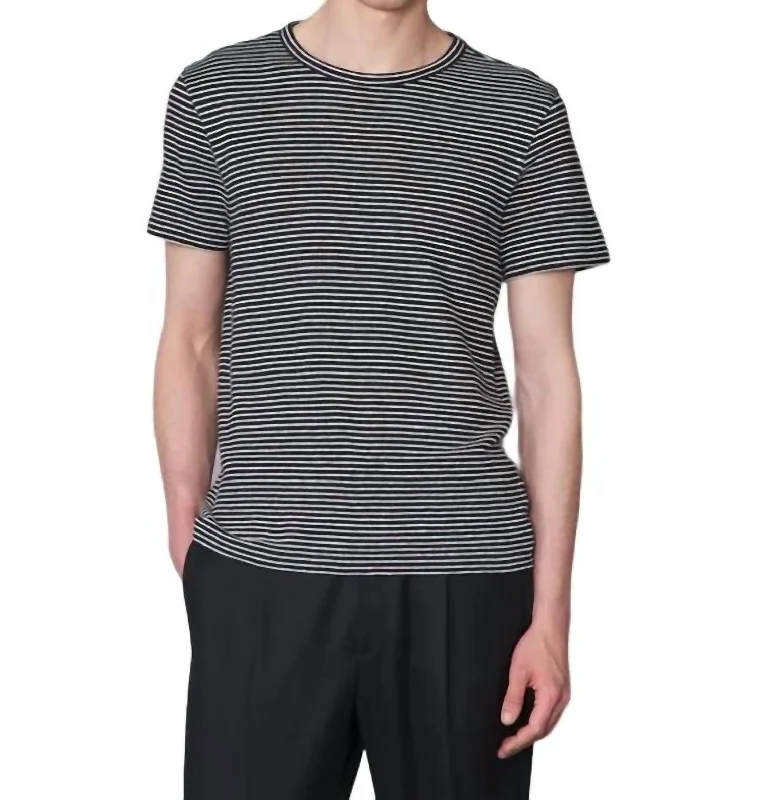 Short Sleeve Stripe Cotton Linen Tee In Black/ecru